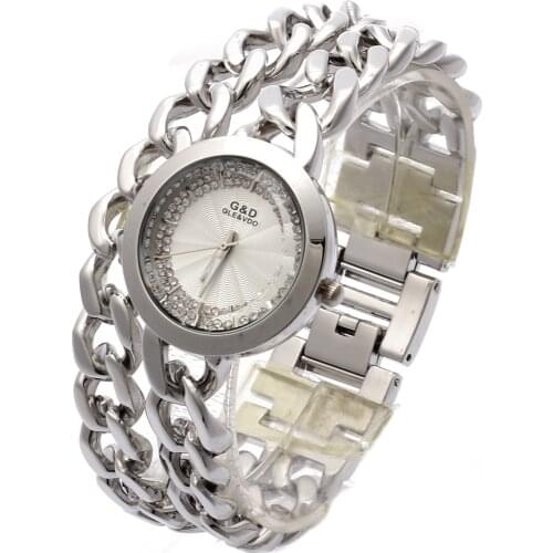 G&D Women Watch Double Chain Stainless Steel Band Womens Silver With Rhinestone Luxury Fashion Quartz Wrist Watch Todays Deal