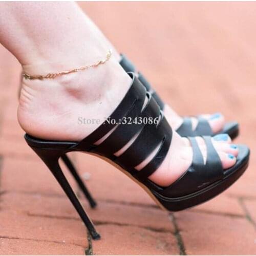 Fashion Black Leather Woman Platform Slippers Sexy Hollow Out Stiletto Heels Sandals Lady Large Size Casual Shoes Real Photos