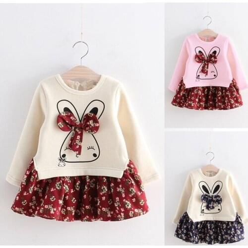 Winter Autumn Cute Rabbit Floral Girls Dresses Cartoon Kids Party Casual Clothes O-neck Long Sleeve Childrens Dress For Girl