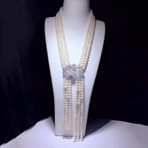 Hand knotted 3rows 7-8mm white freshwater pearl micro inlay zircon accessories necklace long 60-65cm