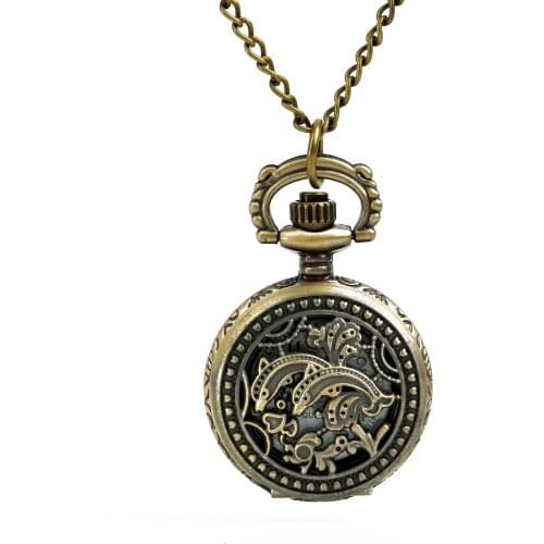 0 Childrens Day Gifts Small Bronze Openwork Dolphin Pocket Watch Retro Double Dolphin Animal Pocket Watch