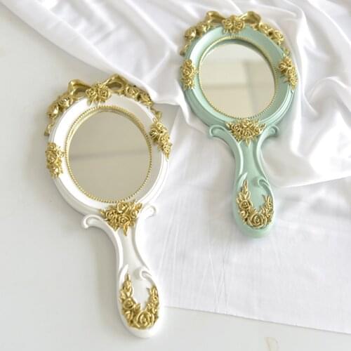Portable Hand Mirror with Handle Retro Makeup Mirror Golden Bow-knot Embossed Pattern for Wedding Decoration, White, Blue, Pink