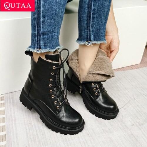 QUTAA Women Ankle Boots Wool Fur Platform Fashion Warm Mid Heel Motorcycle Boots Genuine Leather Women Shoes Winter Lace Up 43
