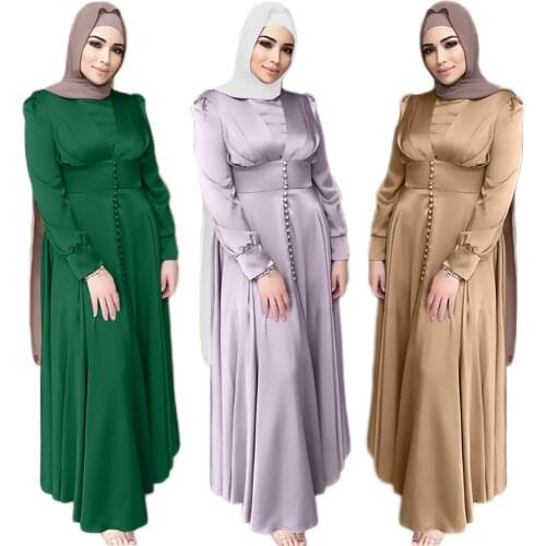 Ramadan Islamic Turkish Muslim Women Long Dress Satin Middle East Kaftan Abayas Arab Malaysia Maxi Robe Gown Dubai Buttons New