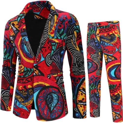Safari Casual Printed Men Suits 2 Piece Blazers Pants Terno Costume Homme Slim Fit Wedding Jacket Suit Business Event Nightclub