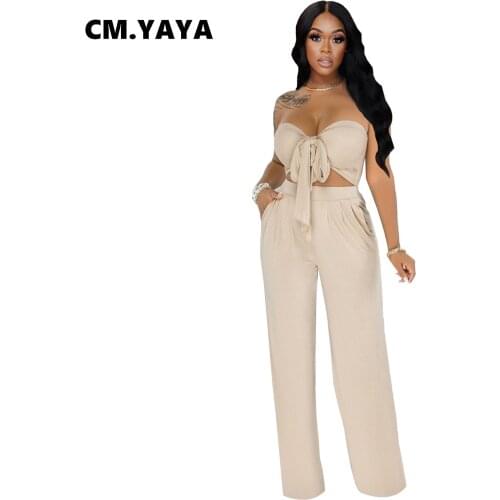 CM.YAYA Women Set Solid Halter Bandage Crop Tops Empire Pockets Loose Long Pants 2 Two Piece Set Active Tracksuit Sexy Outfit