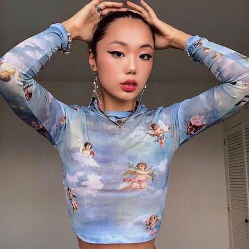 Harajuku See Through Sheer Mesh Crop Top Angel Printed Fishnet Turtleneck Transparent TShirt Sexy Tops Casual Tee Poleras Mujer