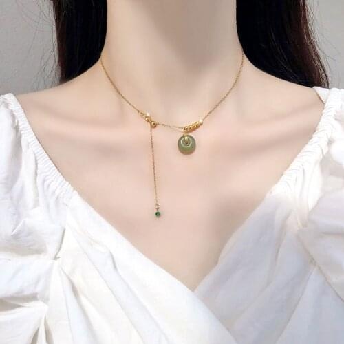 YPAY 100% Real 925 Sterling Silver Chain Necklaces for Women Green Zircon Natural Hetian Jade Pendant Clavicle Necklace YMN212