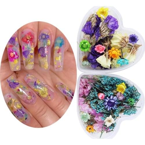 1 Box Mix Dried Flowers Nail Decorations Natural Floral Leaf Stickers 3D Nail Art Designs ForUV Gel Polish Nail Tool Accessories