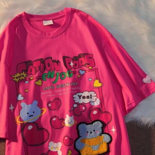 Goth Vintage Bear Embroidery Woman Tshirts Kawaii Teens Clothes Japanese Fashion 2021 Summer Plus Size Tops Ropa Plus Size Mujer