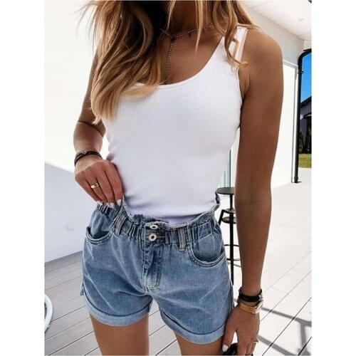 2021 new summer womens high waist buttoned prosthetic leg jeans shorts casual women loose fit blue denim shorts all-match pants