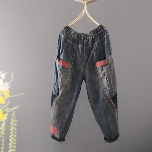 Women Jeans Summer Distressed Thin Embroidery Loose Cropped Jeans Women Harem Pants Vintage Elastic Waist Baggy Denim Trousers