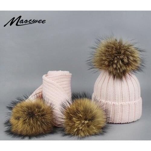 Women Children Winter Pom Pom Hats Beanie Warm Knitted Bobble Fur Fur Pompom Hat Scarf Set Kids' Nature Raccoon Fur Pompon Hat