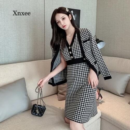 New Autumn and Winter Knitting 2-Piece Womens Single-Breasted Cardigan Jacket Warm Sweater Jacket + Knitted Vest Dress