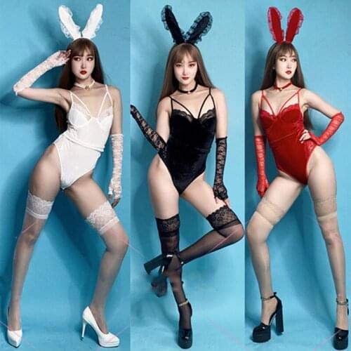 Bar Nightclub Women Cosplay Costume Rubbit Headwear Red/White/Black Lace Bodysuit Women Dj Clothing Sexy Ds Dancewear DNV15093