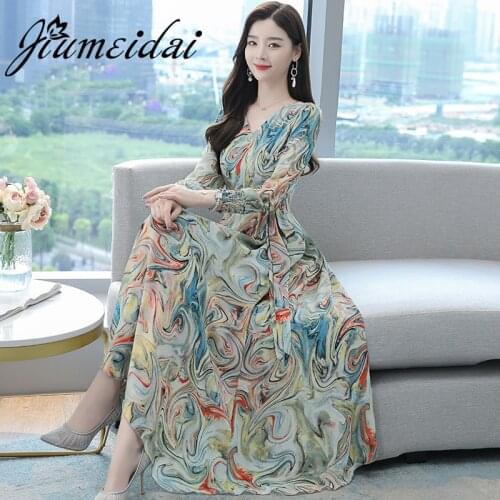JiuMeiDai Women Autumn Elegant A-Line Chiffon Dress Office Lady V-Neck Print Robe Femme Vintage Designer Party Clothing Vestidos