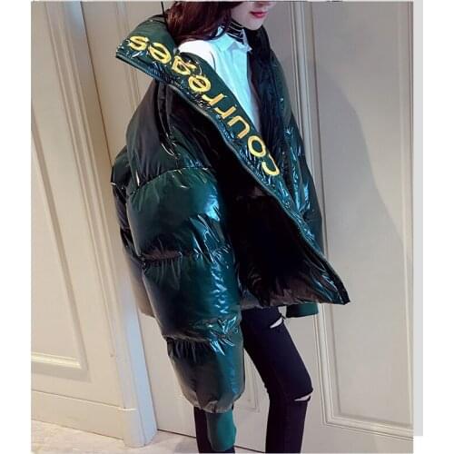 2019 Winter Fashion Womens Glossy Waterproof Down Cotton Jacket Letter Pattern Long Sleeve Warm Coat Cotton-padded Outerwear
