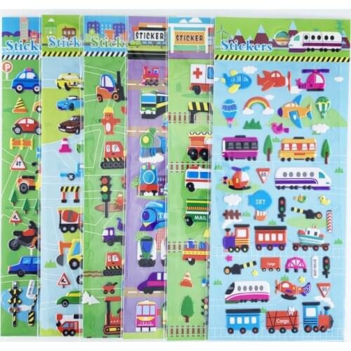 3 Sheets Cartoon Car Truck Plane Traffic 3D Bubble Stickers Waterproof DIY Scrapbook for Girl Boy Kids Funny Educational Toys
