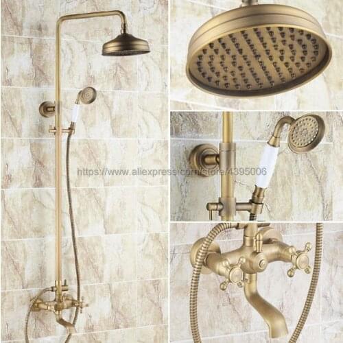 Antique Brass Wall Mounted 8" Round Rain Shower Head Faucet Cross Handle Shower Tub Mixer Tap Brs126