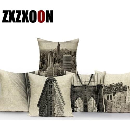 Decorative Throw Pillows Case Black White Plant Flower New York Building Polyester Cushion Cover for Sofa Home Decoration