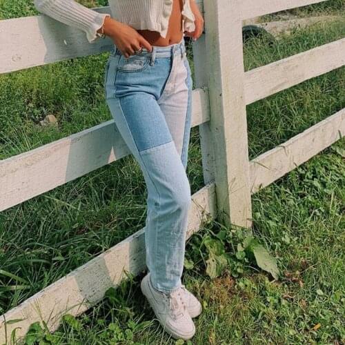 Vintage Patched Blue Jeans for Girls Fashion 2021New Harajuku Full Length High Waist Womens Denim Pants Streetwear