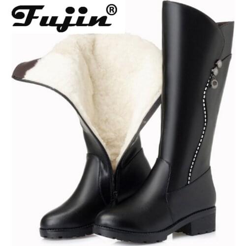 Fujin Wool Women Snow Boots Shoes Plush Warm Genuine Leather Round Toe High Boots Fur Warm Platform for Women Winter Boots