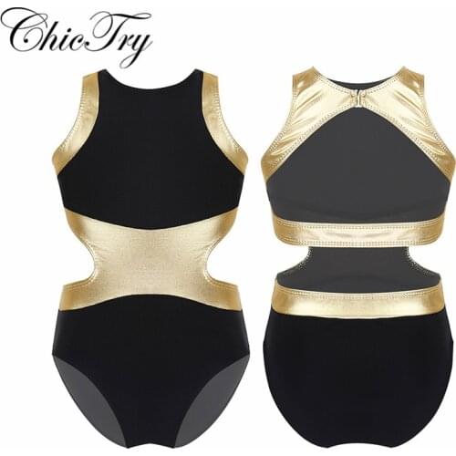 Kids Girls Sleeveless Metallic Splice Back & Side Waist Cutouts Ballet Dance Gymnastics Leotard Jumpsuit for Stage Performance