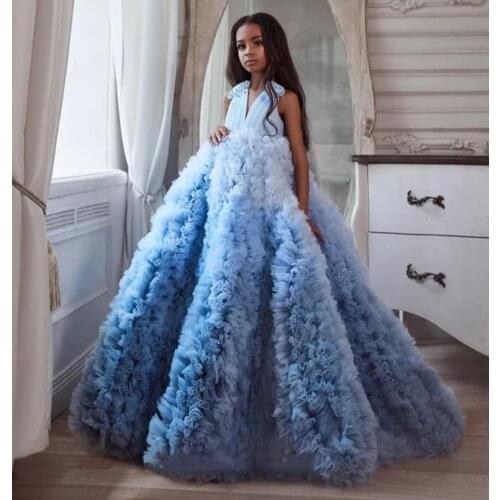 Sky Blue Ruffles Ball Gown Princess Flower Girl Dress for Wedding Big Bottom Luxury Elegant Girls Pageant Gowns Size 1-14Y