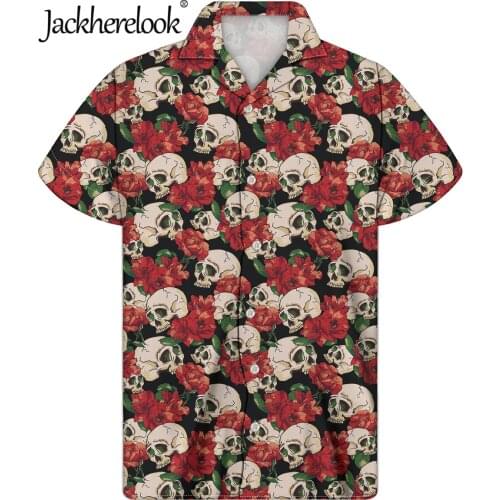Jackherelook Cuban Guayabera Tops Shirt for Mens Clothing Rose Sugar Skull Printing Short Sleeved Shirts Camisas para hombre