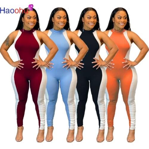 Contrast Color Splicing One Piece Overalls for Women Summer Sleeveless Ribbed Club Outfits High Street Ladies Stacked Bodysuits