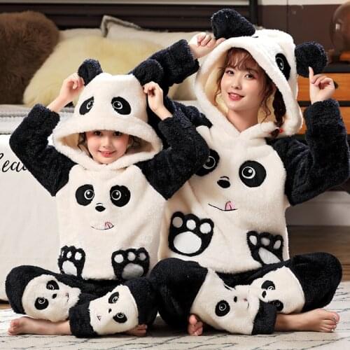 2021 Winter Family Matching Outfits Pajama Set Thicken Coral Fleece Cartoon Panda Sleepwear Soft Hoodie Pyjamas Homewear Clothes