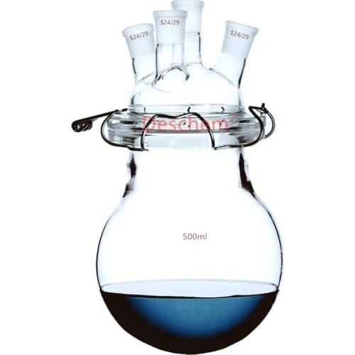500ml,24/29 Glass Reaction Kettle 4-Neck Lab Reactor With Four Necks Lid & Clamp