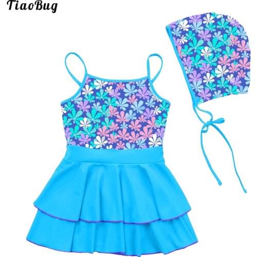 TiaoBug Summer 2Pcs Kids Girls Swimming Suit Adjustable Straps Sleeveless Layered Dress With Hat Beach Bathing Pool Swimwear