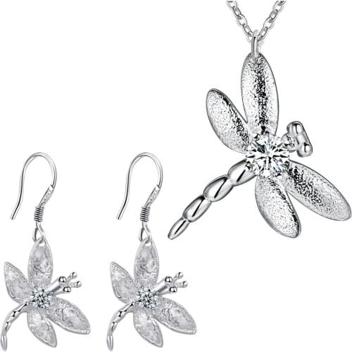 HOT SALE cute Silver Charms jewelry set necklace earring dragonfly wedding lady women wedding Valentines gift charms P011
