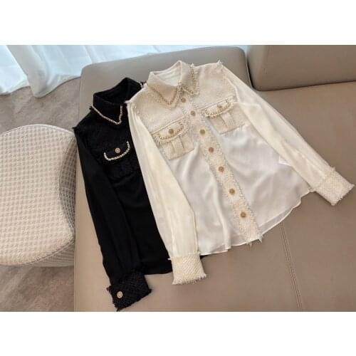 Fashion 2021 new ladies long sleeve sexy casual woven tweed stitching silk double pocket shirt top 1019
