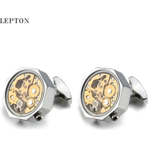 Fashion Gold Watch Movement Cufflinks Non-Functional Stainless Steel Steampunk Gear Watch Mechanism Cufflinks for Mens Groom