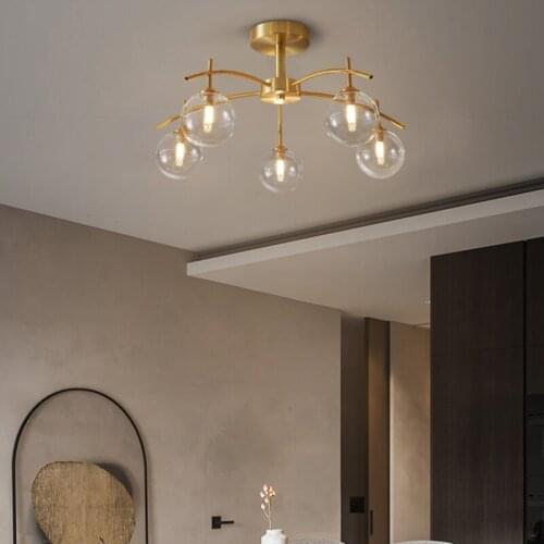 Nordic copper simple chandelier living room bedroom dining room glass magic bean molecular chandelier