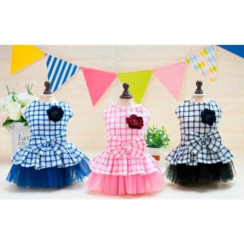 New Coming Dogbaby Popular Pet Dog Grid Dress Coat Clothes With Flower On Chest From S to XL Cheap Puppy Dogs Dress