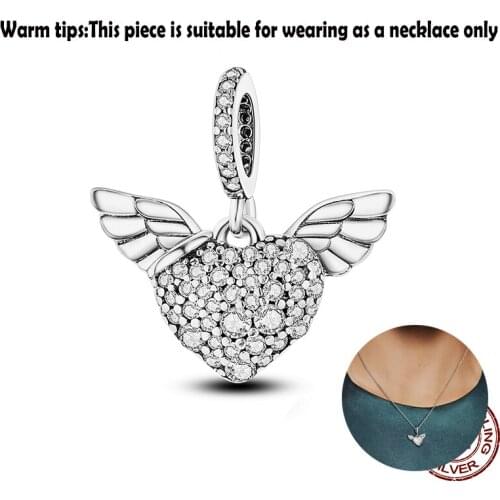 925 Sterling Silver Pave Heart & Angel Wings Pendant Charm fit Original Pandora Beads Bracelet Necklace Silver 925 Jewelry