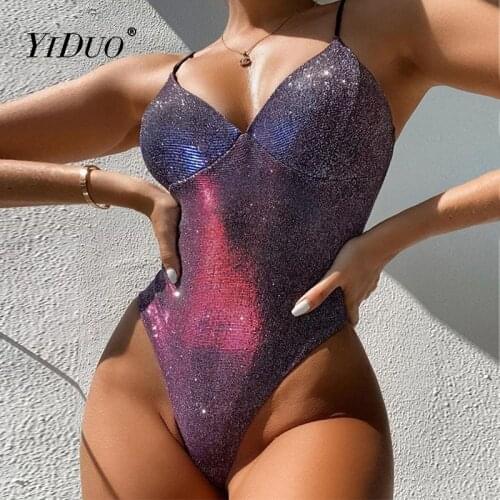 YiDuo Sexy Glitter Bodycon Bodysuits For Women Body Top Fashion Club Wear Summer 2021 Spaghetti Straps Slim Body Suits