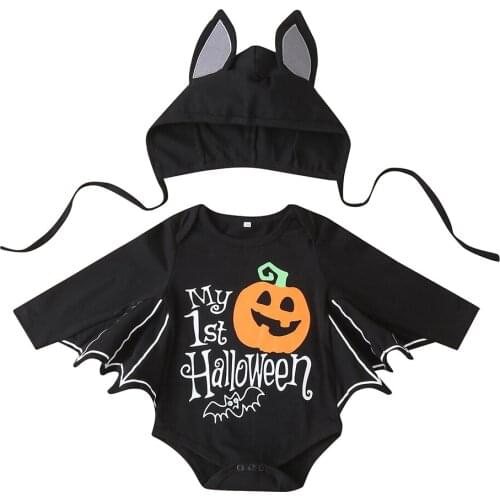 Halloween Infant Newborn Baby Romper Hat, Pumpkin Print Round-Neck Long Sleeve Jumpsuit and Cap for Kids, Black