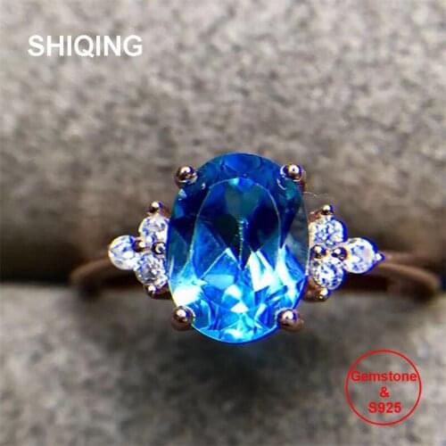 SHIQING 100% Nature topaz 925 sterling silver oval December birthstone gemstone ring for engagement