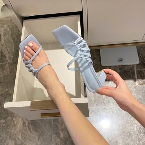 Designer Women Sexy High Heels Outdoor Slides Woman Summer Shoes Sandals Heels Female Square Toe Slipper Brand Slippers