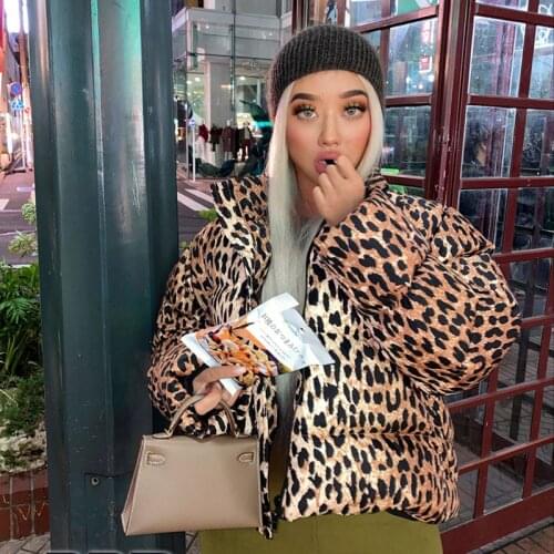 Street Style Gradient Leopard Print OVERSIZE Thick Silhouette Stand Collar Warm Loose Cotton Jacket