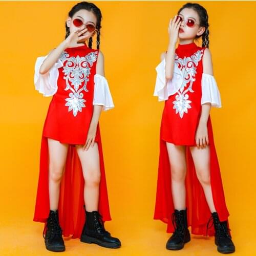 Chinese Style Dance Costume Girls Jazz Performance Clothes Red Tailed Dress Catwalk Show Suit Ballroom Dancing Clothes DNV15111