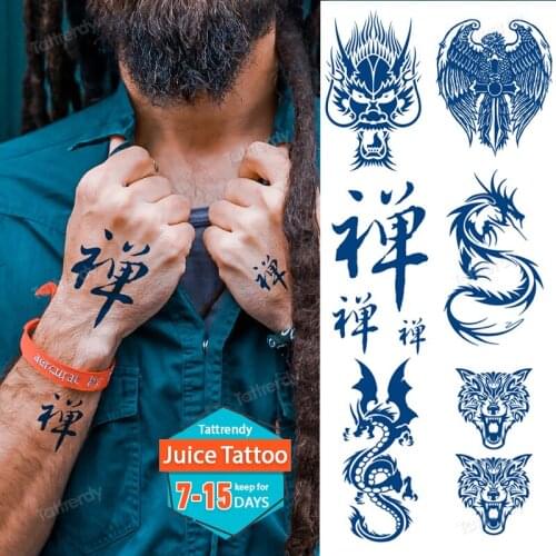 Juice Lasting Waterproof Temporary Tattoos Sticker Chinese Word Dragon Angel Wings Letter Tattoo Hand Small Fake Tatoo Men Women