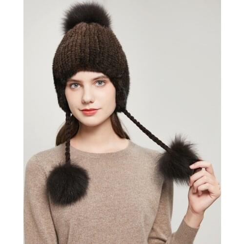 Womens mink fur hat winter warm luxury knit natural mink fur fox pompom earmuff cap fashion ear protection hot styleDY-05