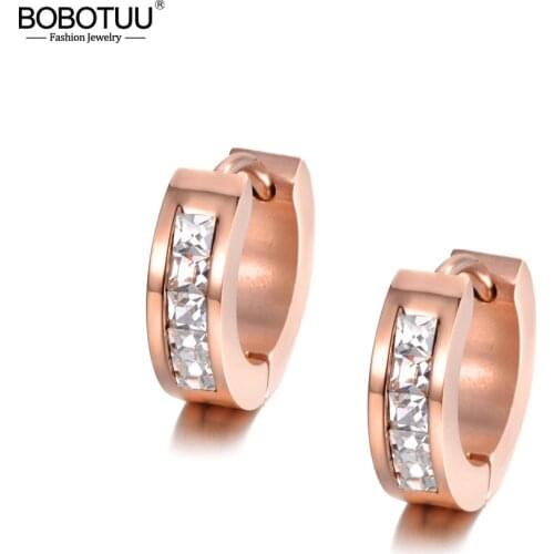 BOBOTUU Cubic Zirconia Hoop Earrings White Crystal Jewelry Stainless Steel Rose Gold Color Rhinestone Earrings For Women BE18484