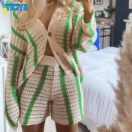 Green Casual V Neck Oversized Y2K Knitted Long Sleeve Crop Top Two Piece Set Fashion Cardigan Women Stripe Loose Autumn Winter