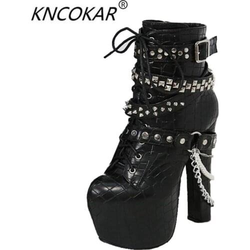 KNCOKAR Winter 2018 new thick waterproof platform super high heel 16 cm rivet short boots Stylish chunky boots for women